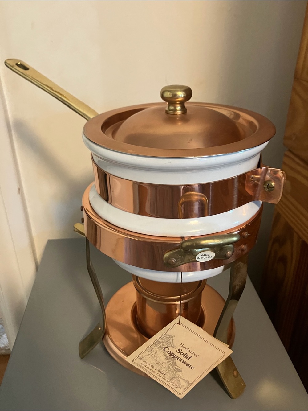 Korea Daewoo SOLID Copper Double Boiler Pot & Lid Brass Ceramic Insert New Tags